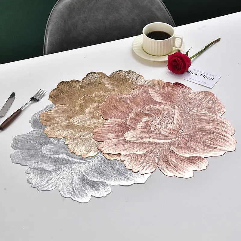 🎀 Embossed Flower Placemat Set – 3-Count Metallic Peony Table Mats in Rose Gold, Champagne & Silver