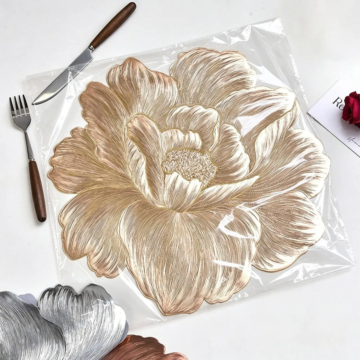 🎀 Embossed Flower Placemat Set – 3-Count Metallic Peony Table Mats in Rose Gold, Champagne & Silver