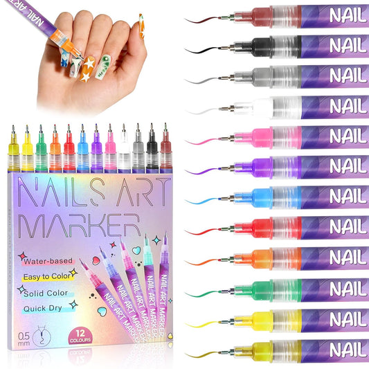 🎀2026 New 12 Colors Nail Art Marker Pens Set – 0.5mm Ultra Fine Tip Quick Dry Nail Paint Markers