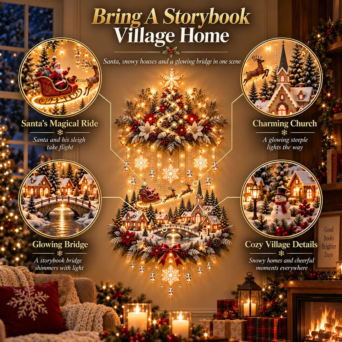 🎀 Illuminated Christmas Tree &amp; Village Wall Hanging | Cascading Warm Lights for Living Rooms, Entryways &amp; Staircases ✨