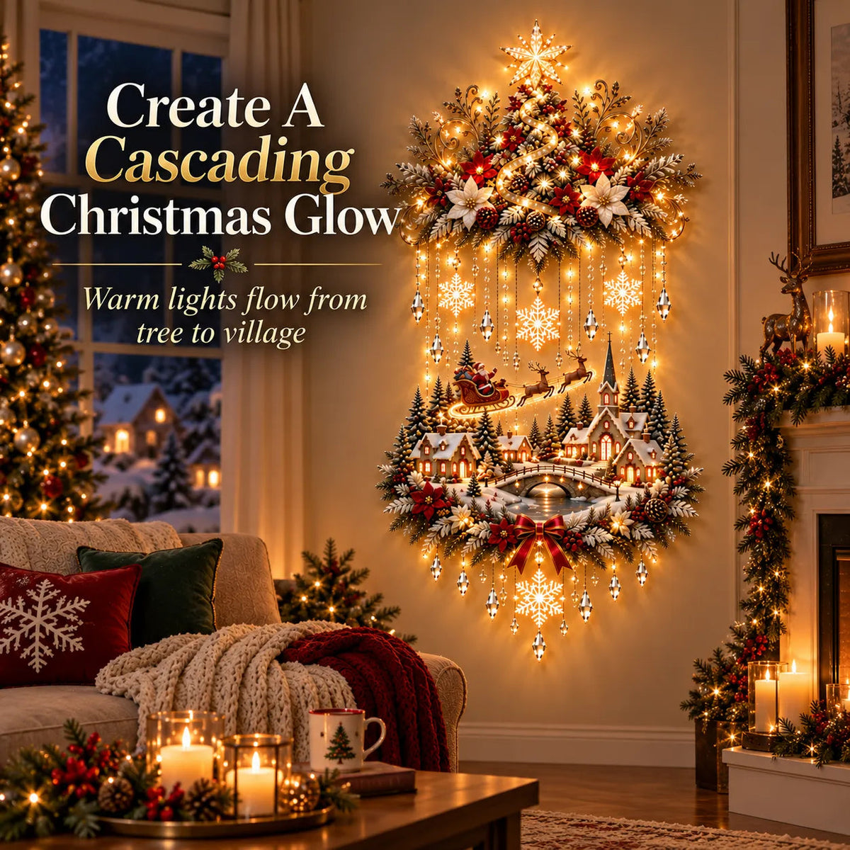 🎀 Illuminated Christmas Tree &amp; Village Wall Hanging | Cascading Warm Lights for Living Rooms, Entryways &amp; Staircases ✨