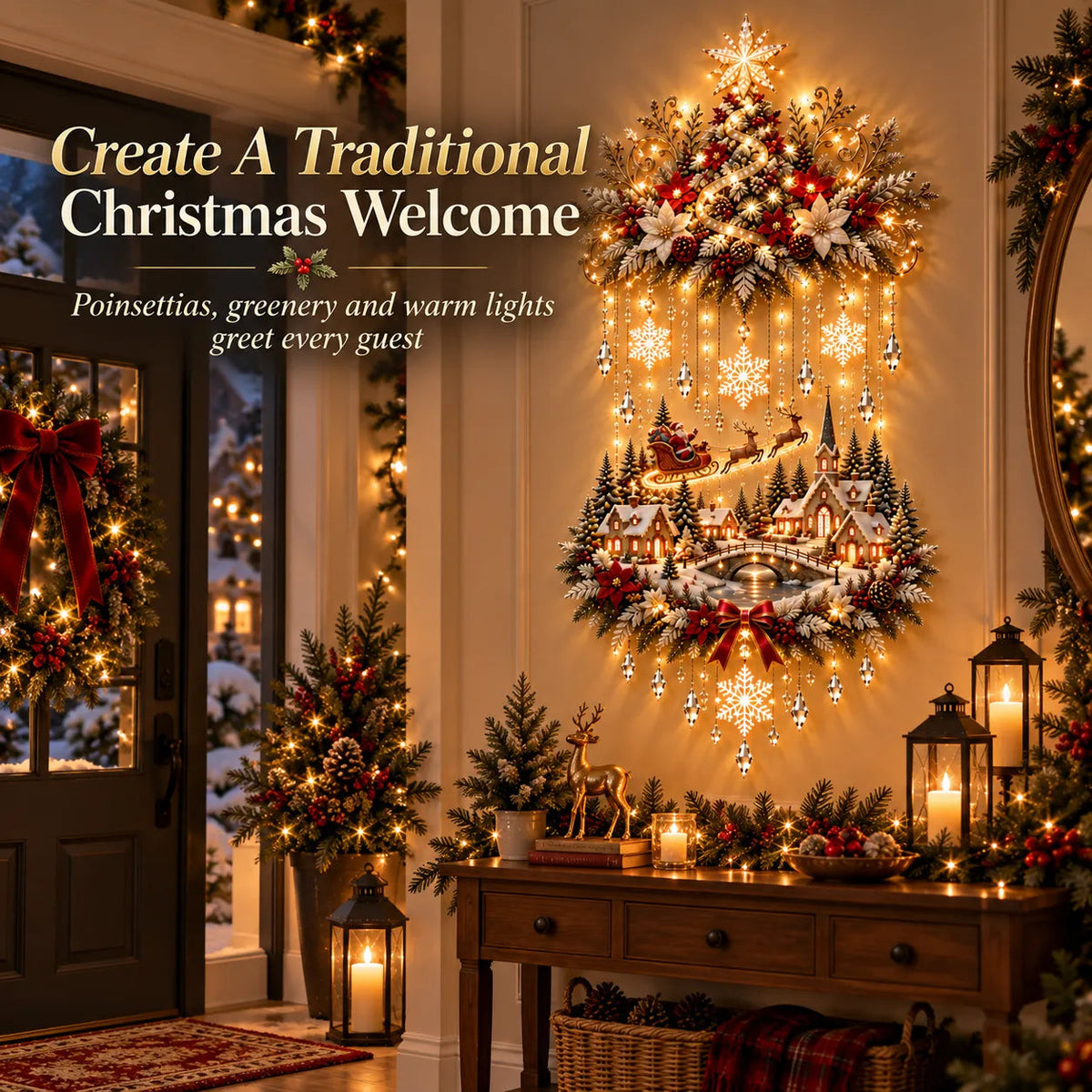 🎀 Illuminated Christmas Tree &amp; Village Wall Hanging | Cascading Warm Lights for Living Rooms, Entryways &amp; Staircases ✨