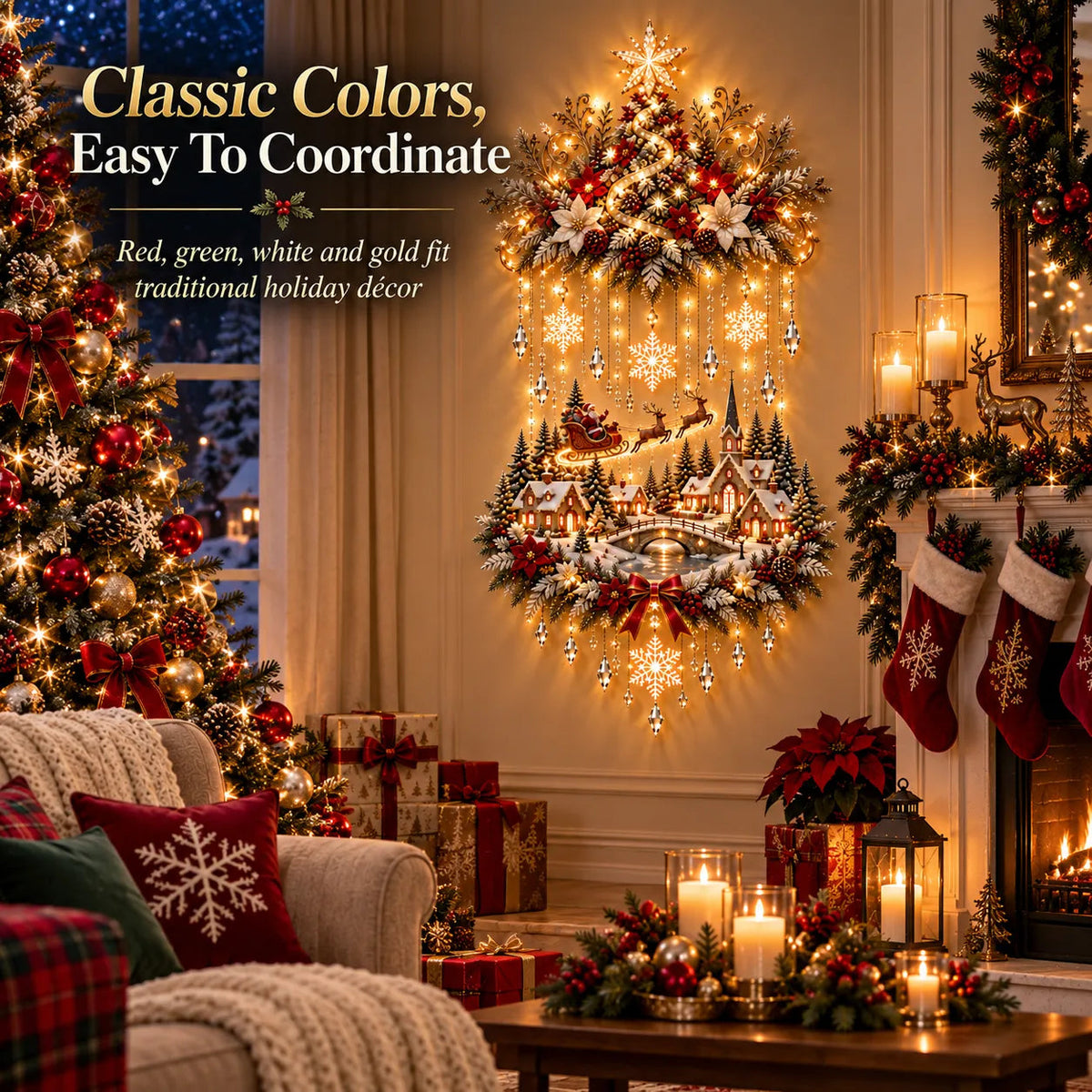 🎀 Illuminated Christmas Tree &amp; Village Wall Hanging | Cascading Warm Lights for Living Rooms, Entryways &amp; Staircases ✨