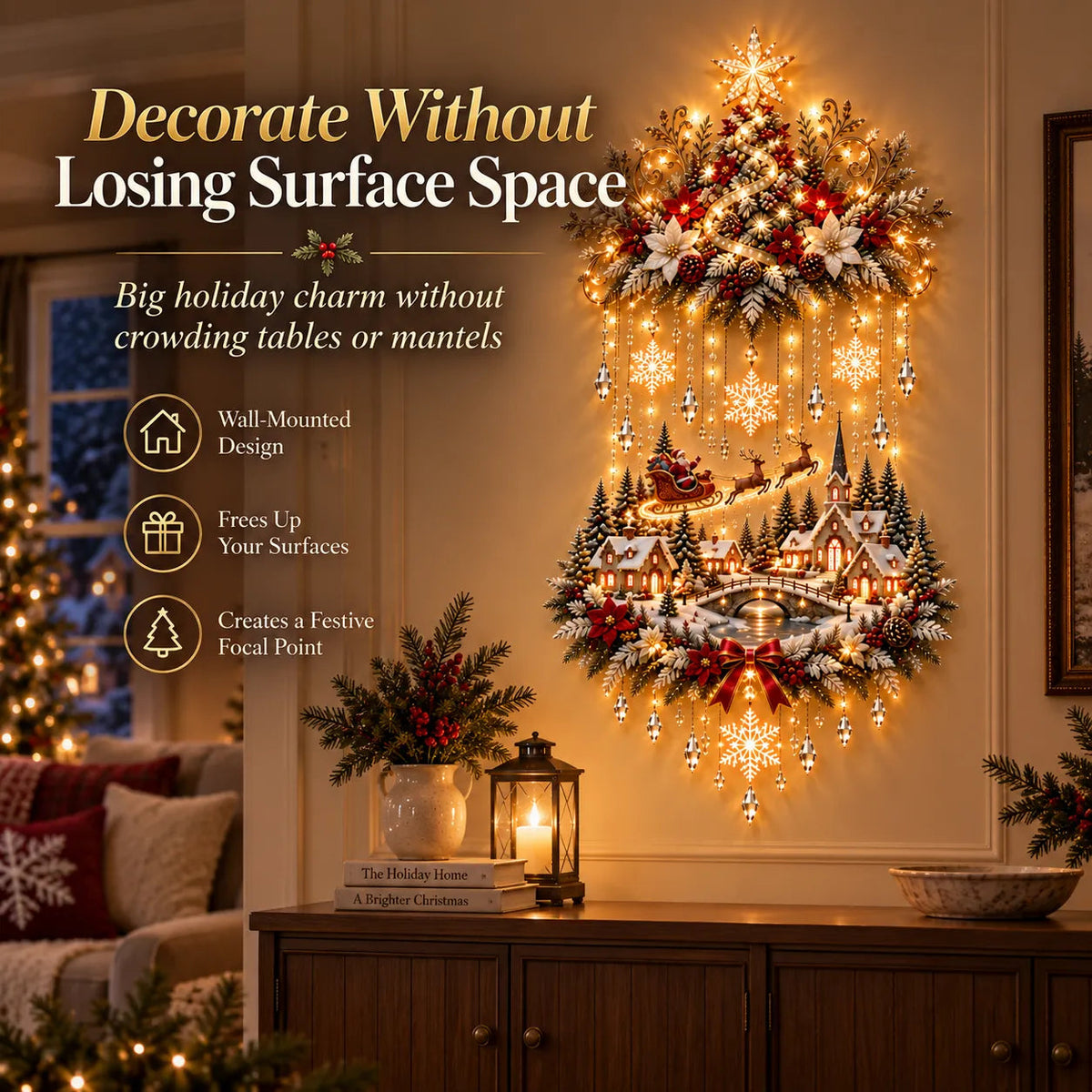 🎀 Illuminated Christmas Tree &amp; Village Wall Hanging | Cascading Warm Lights for Living Rooms, Entryways &amp; Staircases ✨