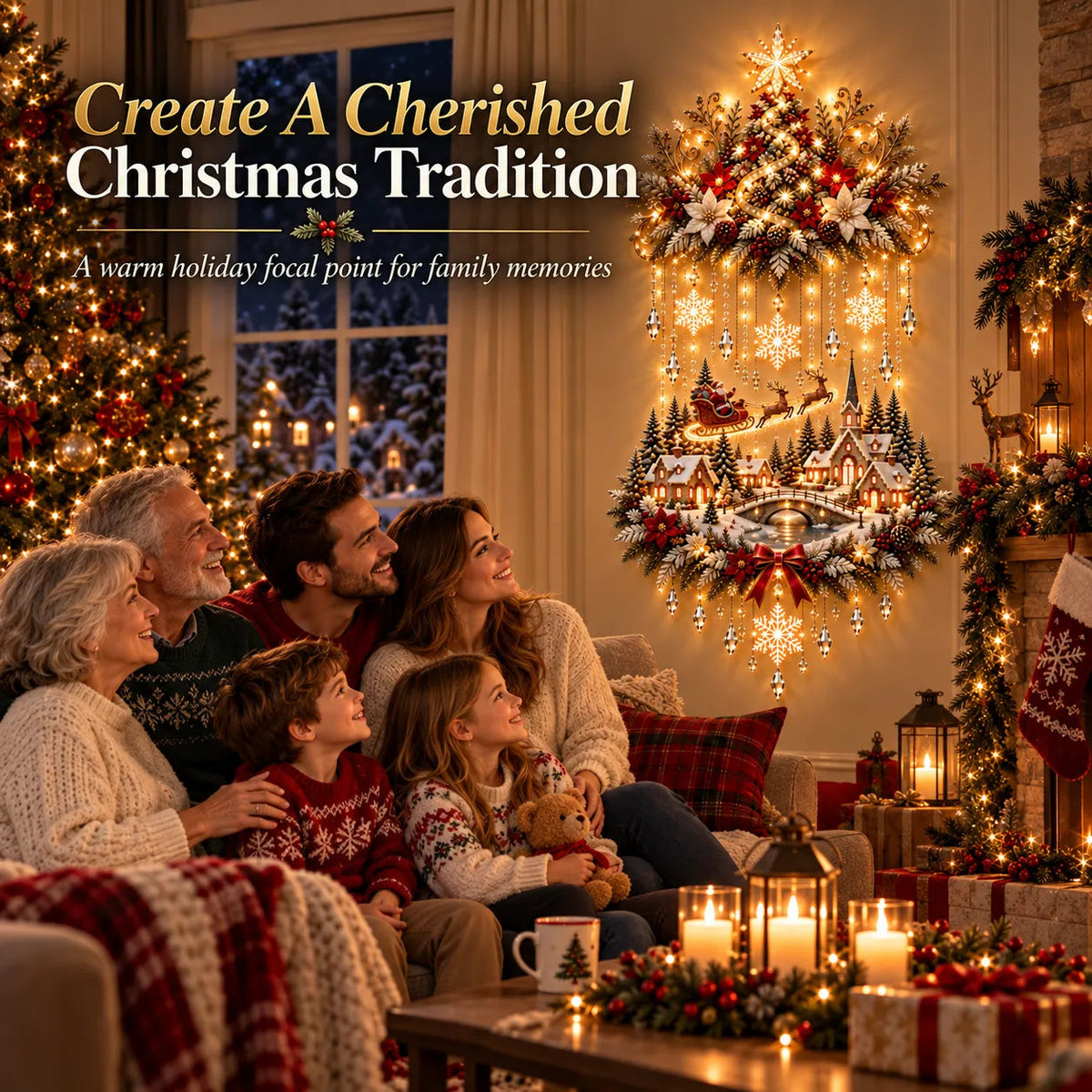 🎀 Illuminated Christmas Tree &amp; Village Wall Hanging | Cascading Warm Lights for Living Rooms, Entryways &amp; Staircases ✨
