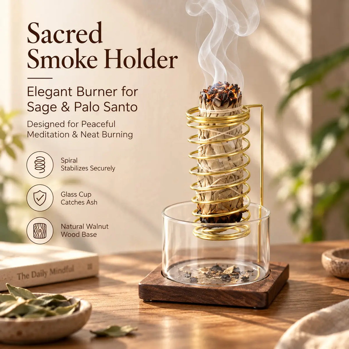 🎀Metal Palo Santo Burner Stand with Glass Ash Tray – Sage Holder for Meditation, Yoga & Spa
