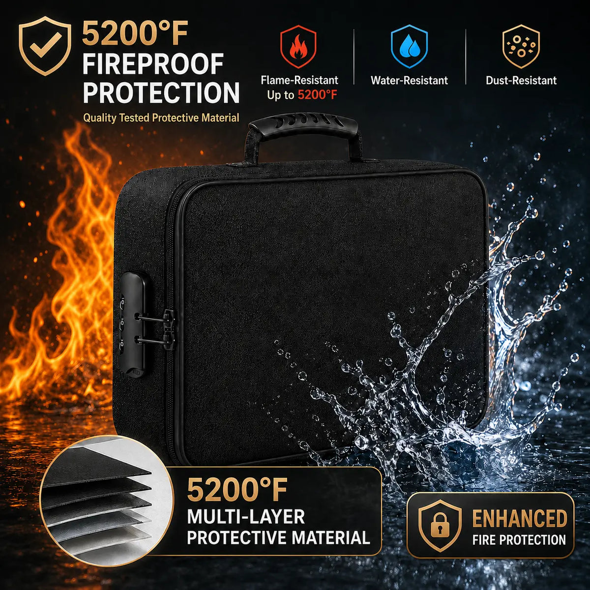 🎀5200°F Fireproof Document Bag with Lock – Silicone-Coated 3-Layer Water-Resistant File Organizer
