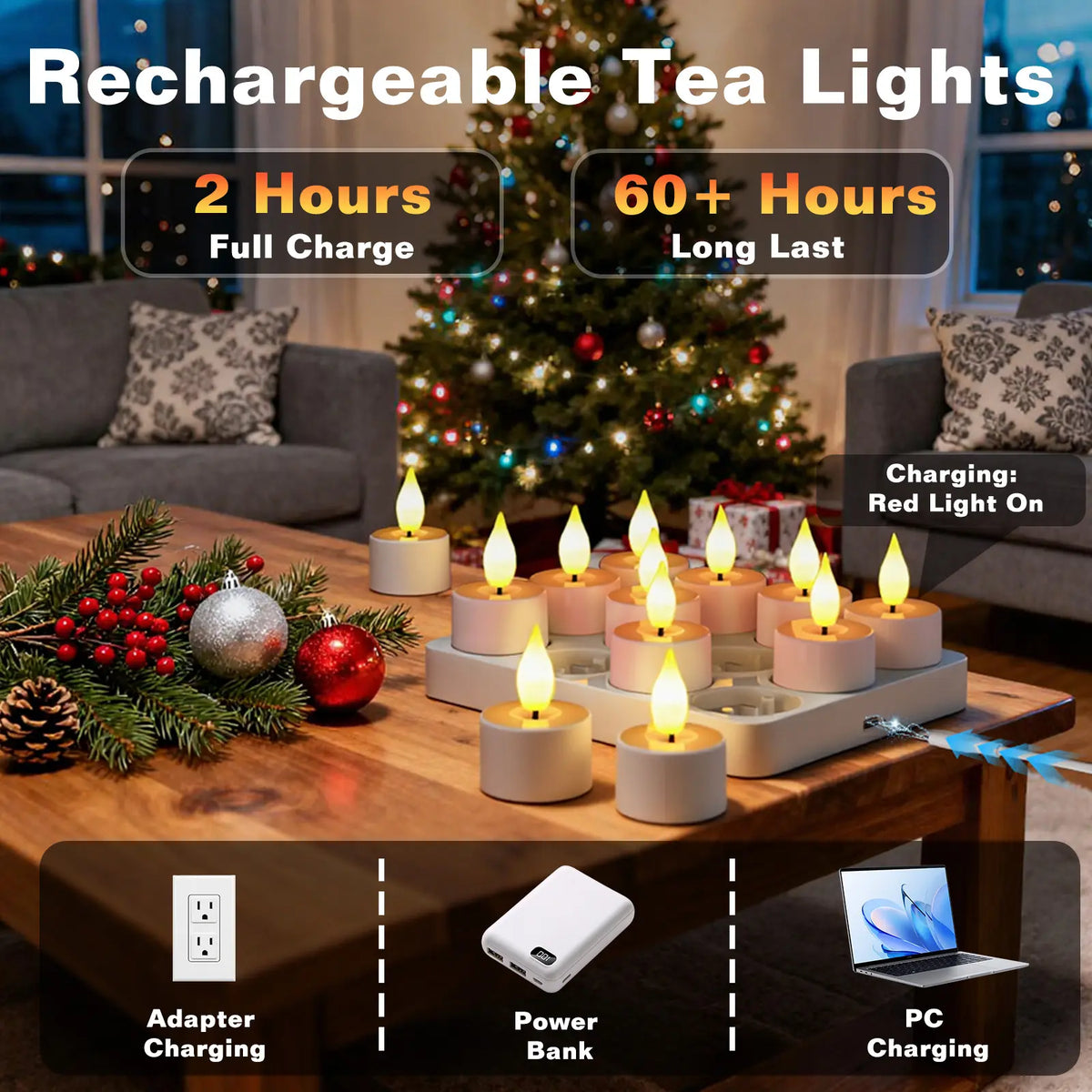 🎀Rechargeable LED Flameless Tealight Candles with Remote Control – 6pcs USB-C Charging Station & Timer