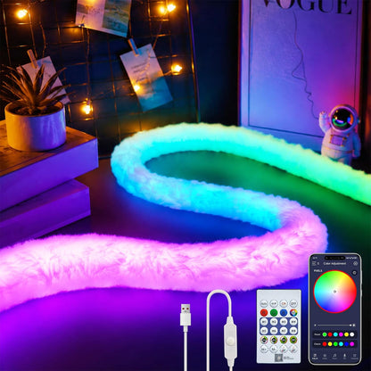 🎉3.3FT Plush USB Neon Rope Lights, 360° Luminous RGB+IC USB LED Light Strip with Remote and APP Control