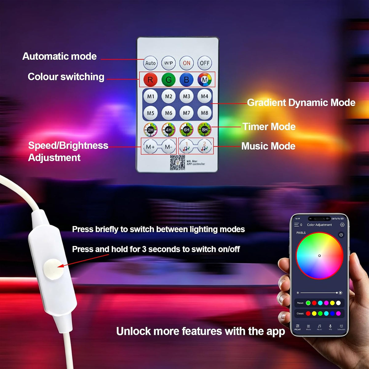 🎉3.3FT Plush USB Neon Rope Lights, 360° Luminous RGB+IC USB LED Light Strip with Remote and APP Control