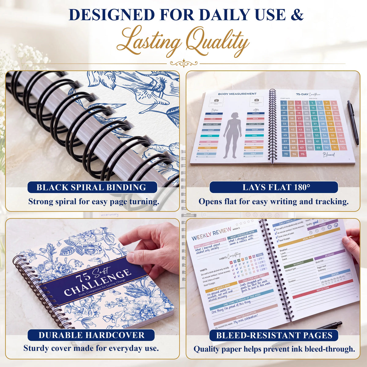 🎀75 Soft Challenge Journal for Women – A5 Spiral 75-Day Habit Tracker Planner