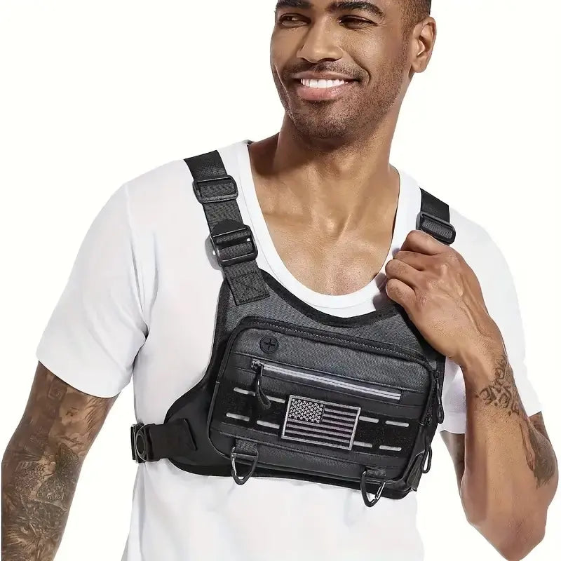 🎀Black Unisex Tactical Chest Vest – Gorpcore Accessory with American Flag Patch