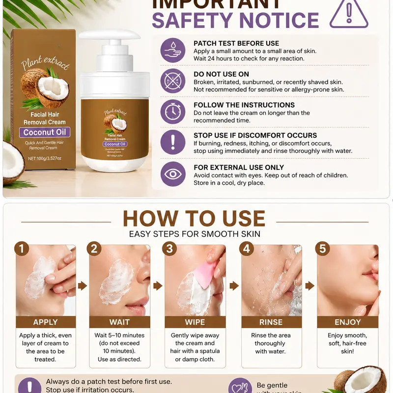 🎀Facial Hair Removal Cream – Coconut Oil & Plant Extracts