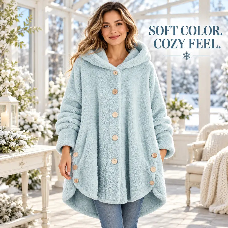 🎉Women’s Oversized Plush Hooded Coat, Soft Fuzzy Fleece Button-Front Jacket
