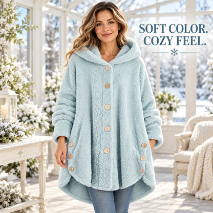 🎉Women’s Oversized Plush Hooded Coat, Soft Fuzzy Fleece Button-Front Jacket