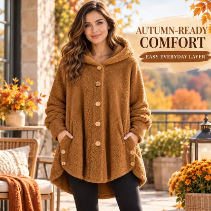 🎉Women’s Oversized Plush Hooded Coat, Soft Fuzzy Fleece Button-Front Jacket