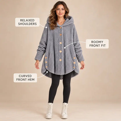 🎉Women’s Oversized Plush Hooded Coat, Soft Fuzzy Fleece Button-Front Jacket