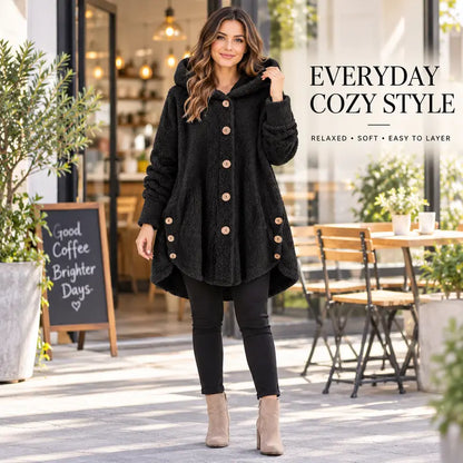 🎉Women’s Oversized Plush Hooded Coat, Soft Fuzzy Fleece Button-Front Jacket