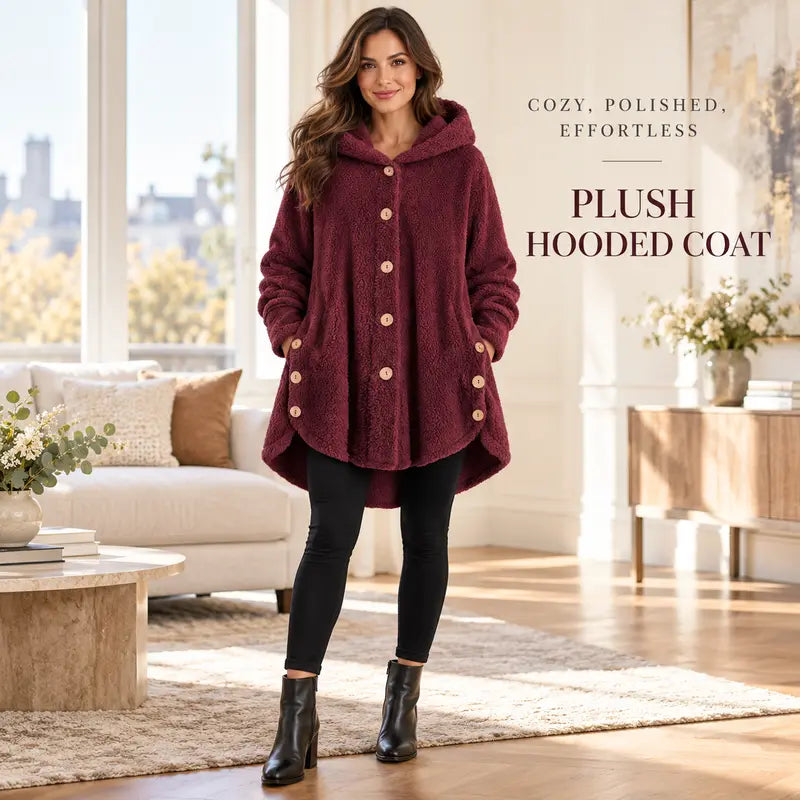 🎉Women’s Oversized Plush Hooded Coat, Soft Fuzzy Fleece Button-Front Jacket
