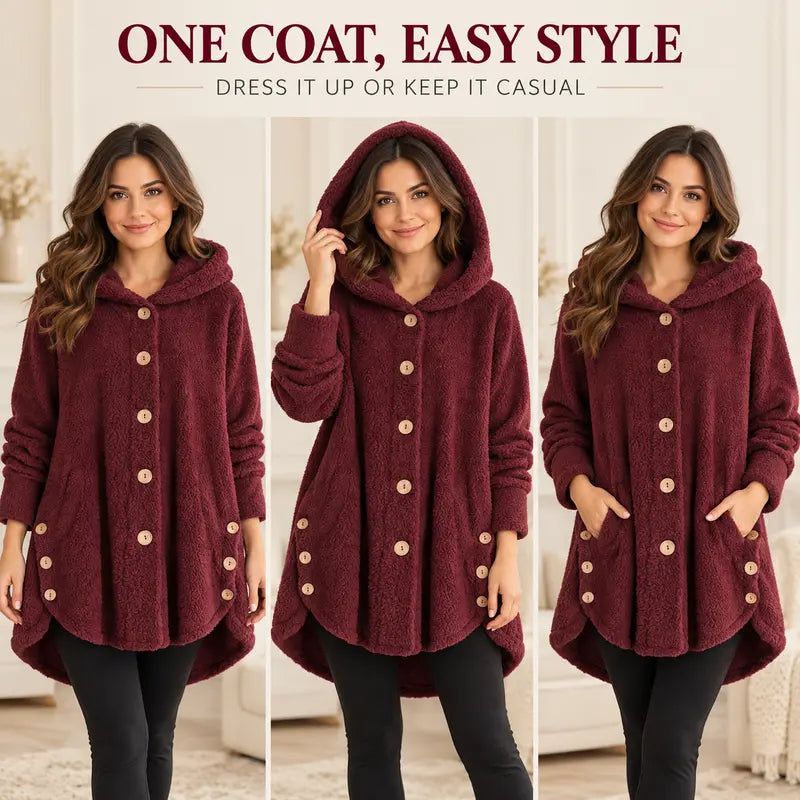 🎉Women’s Oversized Plush Hooded Coat, Soft Fuzzy Fleece Button-Front Jacket
