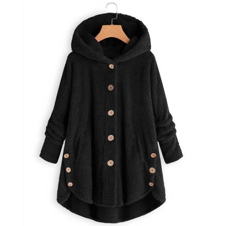 🎉Women’s Oversized Plush Hooded Coat, Soft Fuzzy Fleece Button-Front Jacket
