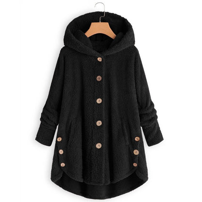 🎉Women’s Oversized Plush Hooded Coat, Soft Fuzzy Fleece Button-Front Jacket