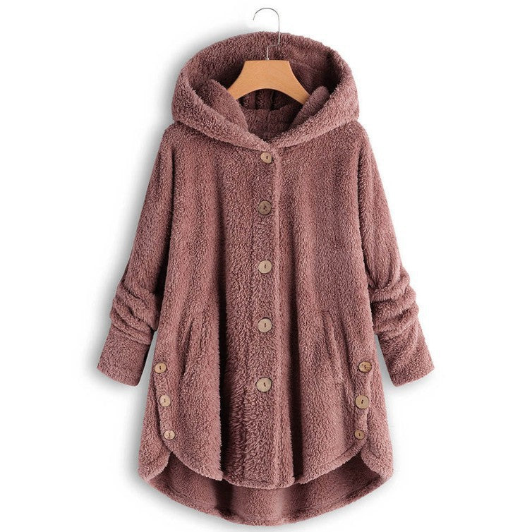 🎉Women’s Oversized Plush Hooded Coat, Soft Fuzzy Fleece Button-Front Jacket