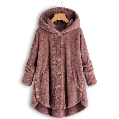 🎉Women’s Oversized Plush Hooded Coat, Soft Fuzzy Fleece Button-Front Jacket