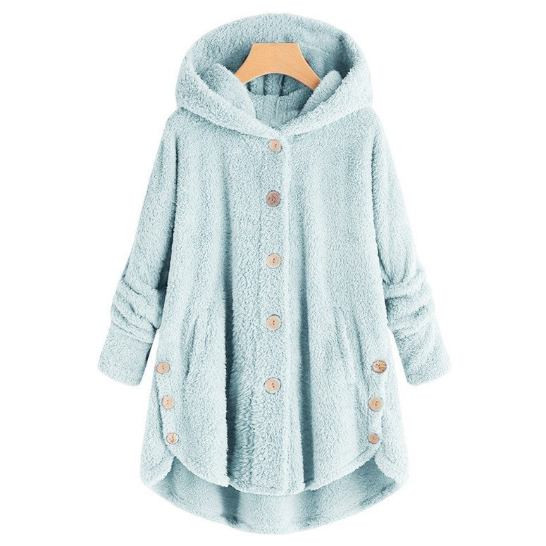 🎉Women’s Oversized Plush Hooded Coat, Soft Fuzzy Fleece Button-Front Jacket