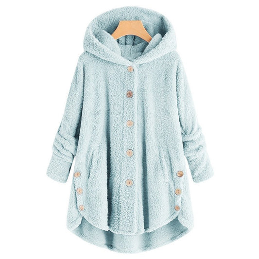 🎉Women’s Oversized Plush Hooded Coat, Soft Fuzzy Fleece Button-Front Jacket