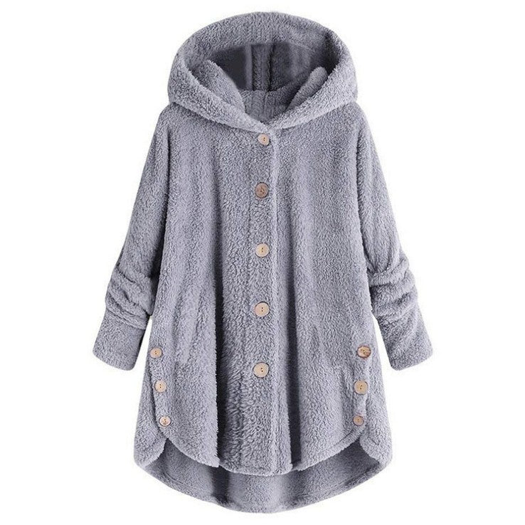 🎉Women’s Oversized Plush Hooded Coat, Soft Fuzzy Fleece Button-Front Jacket