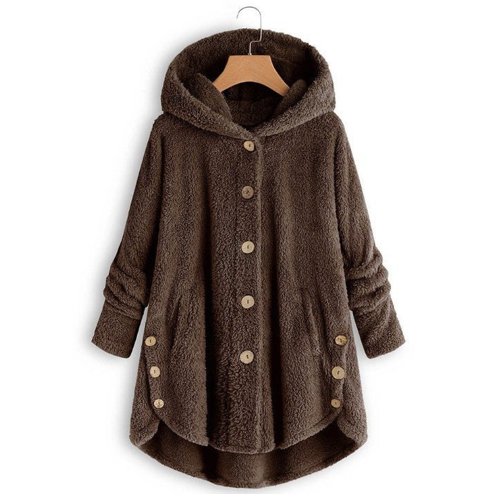 🎉Women’s Oversized Plush Hooded Coat, Soft Fuzzy Fleece Button-Front Jacket