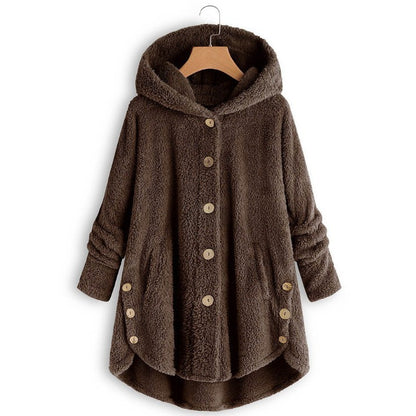🎉Women’s Oversized Plush Hooded Coat, Soft Fuzzy Fleece Button-Front Jacket