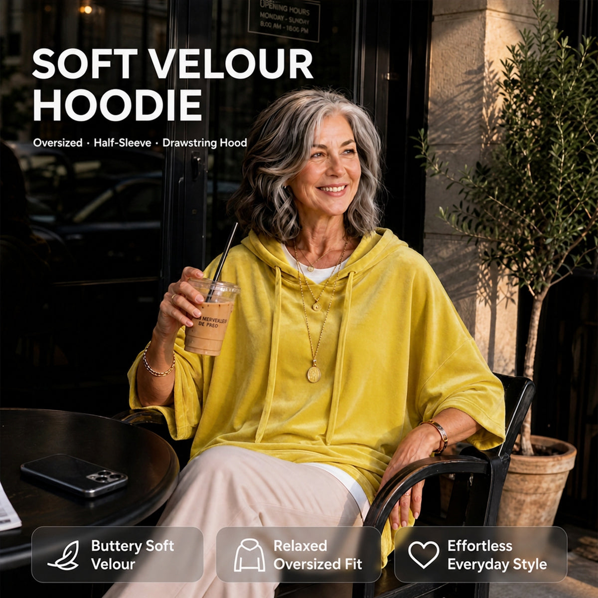 🎀Soft Velour Hoodie – Oversized Half-Sleeve Drawstring Pullover