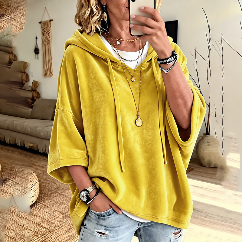🎀Soft Velour Hoodie – Oversized Half-Sleeve Drawstring Pullover
