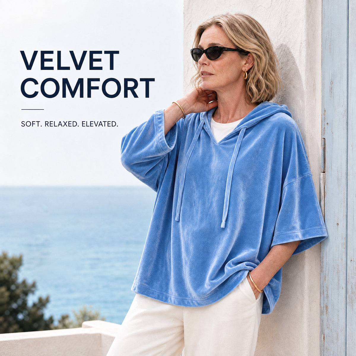 🎀Soft Velour Hoodie – Oversized Half-Sleeve Drawstring Pullover