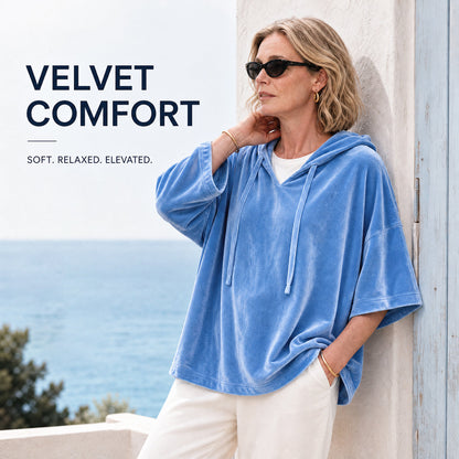 🎀Soft Velour Hoodie – Oversized Half-Sleeve Drawstring Pullover
