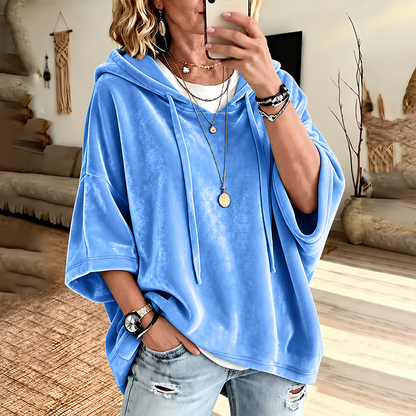 🎀Soft Velour Hoodie – Oversized Half-Sleeve Drawstring Pullover