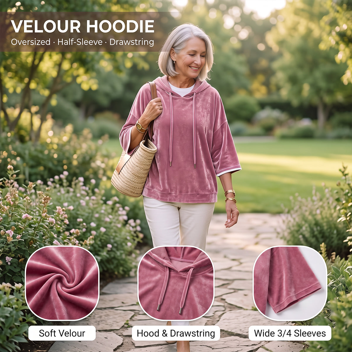 🎀Soft Velour Hoodie – Oversized Half-Sleeve Drawstring Pullover