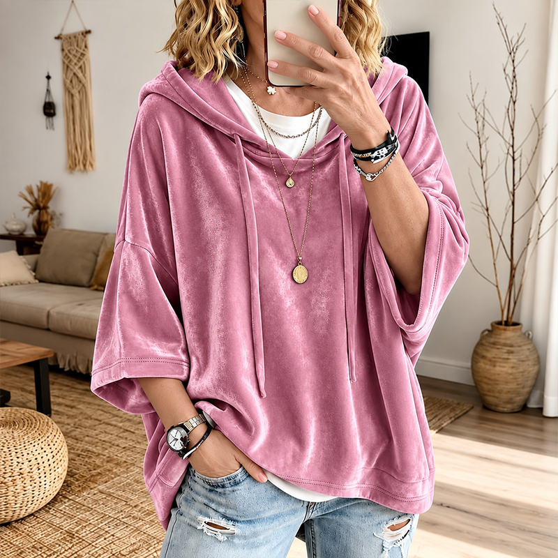 🎀Soft Velour Hoodie – Oversized Half-Sleeve Drawstring Pullover