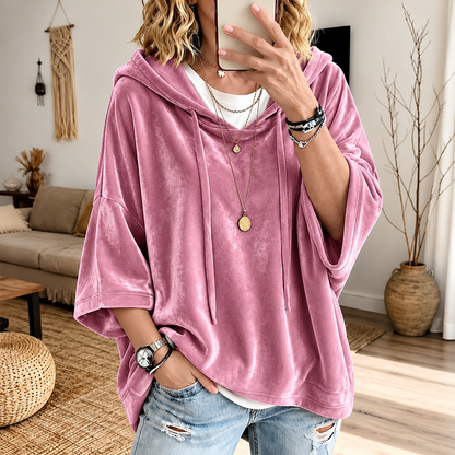 🎀Soft Velour Hoodie – Oversized Half-Sleeve Drawstring Pullover