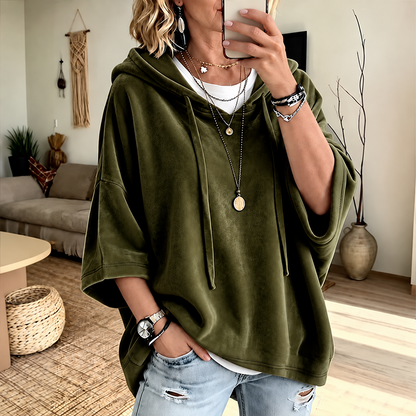 🎀Soft Velour Hoodie – Oversized Half-Sleeve Drawstring Pullover