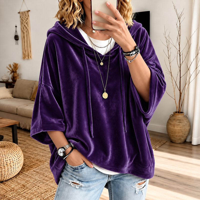 🎀Soft Velour Hoodie – Oversized Half-Sleeve Drawstring Pullover