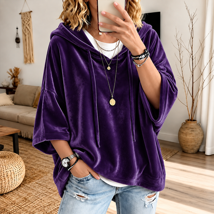🎀Soft Velour Hoodie – Oversized Half-Sleeve Drawstring Pullover