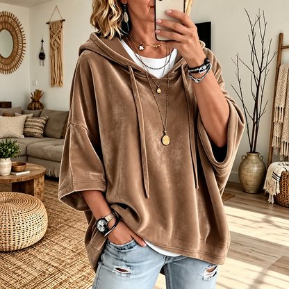 🎀Soft Velour Hoodie – Oversized Half-Sleeve Drawstring Pullover