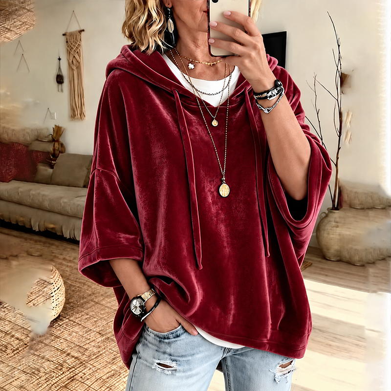 🎀Soft Velour Hoodie – Oversized Half-Sleeve Drawstring Pullover