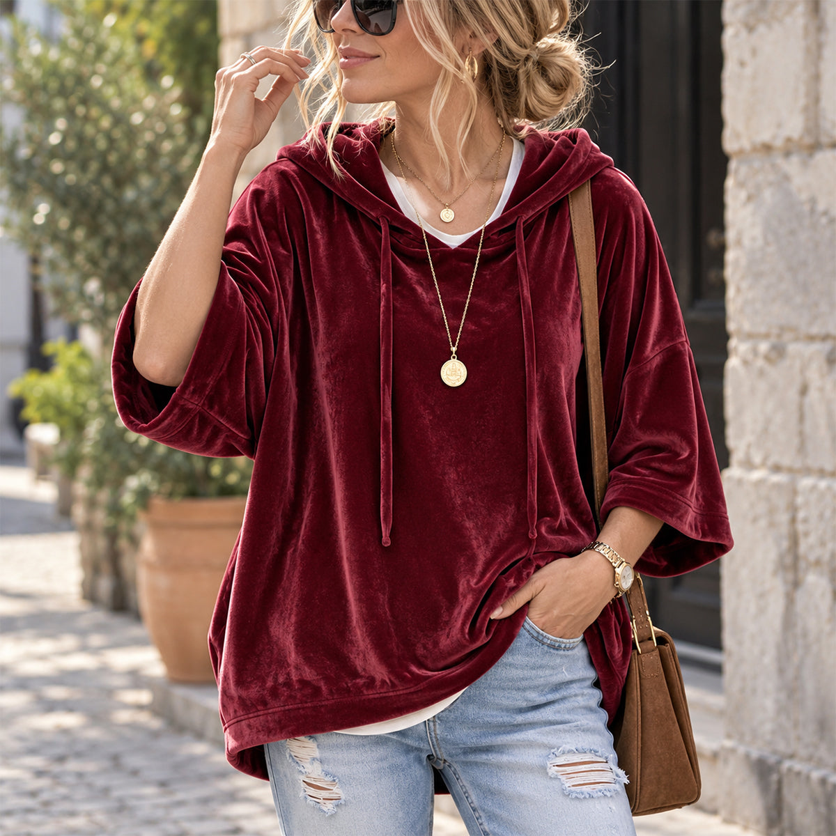 🎀Soft Velour Hoodie – Oversized Half-Sleeve Drawstring Pullover
