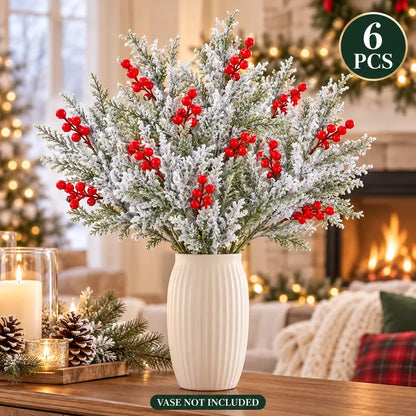 🎀Artificial Frosted Christmas Pine-Cedar Stems with Red Berries – Snowy Evergreen Picks