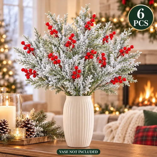 🎀Artificial Frosted Christmas Pine-Cedar Stems with Red Berries – Snowy Evergreen Picks