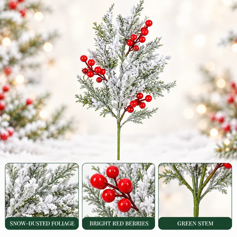 🎀Artificial Frosted Christmas Pine-Cedar Stems with Red Berries – Snowy Evergreen Picks